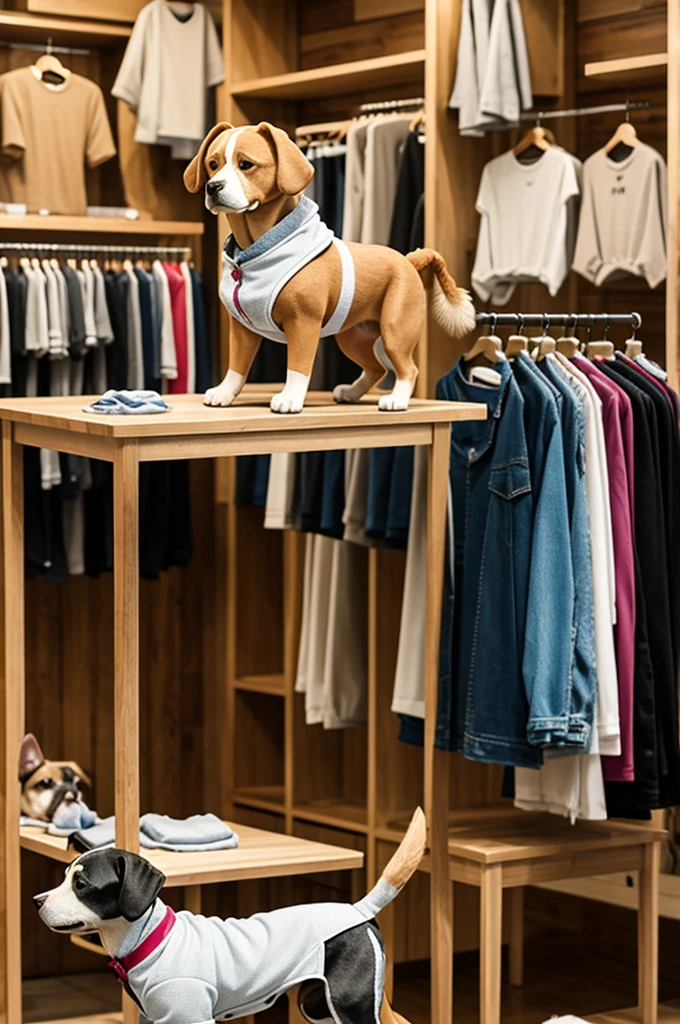 animation, a dog mannequin displaying dog clothes in a store, where the table is made of wood