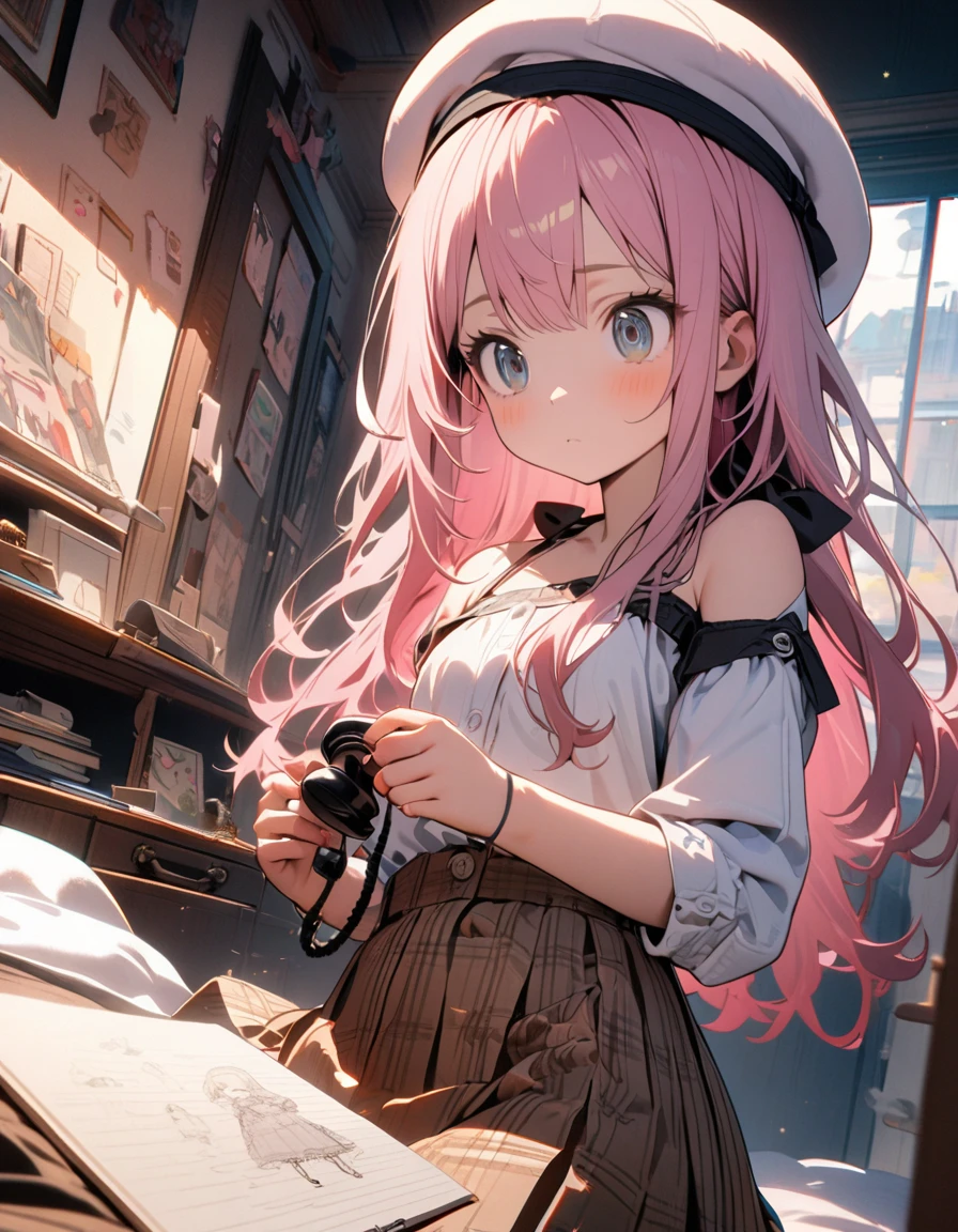 (8K, best quality, master piece: 1.2),super high resolution,1 girl,17yo,solo,ultra-detailed face,deep detailed eyes,pink hair,long hair,Beret,halter top,Brown skirt in plaid skirt,The girl is holding the receiver of a 1900s telephone in one hand and doodling on a illustrations of Notepad,the Notepad has illustrations of three cats in different positions,rim light,messy children's room