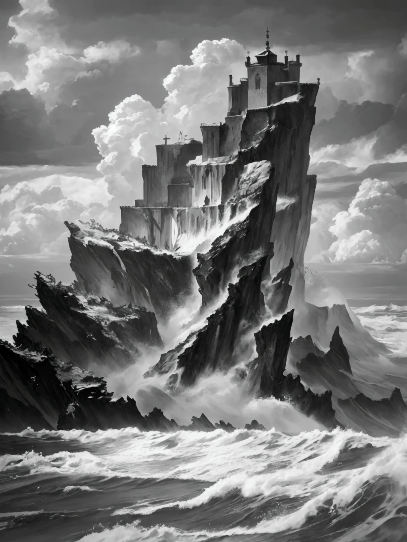 intricate detailed waves, dramatic crashing ocean waves, dramatic stormy seascape, moody cloudy sky, dramatic lighting, cinematic atmosphere, dark ominous mood, turbulent churning ocean, windswept rocks and cliffs, rugged coastal landscape, brooding dramatic scene, heavy rain and mist, deep blue tones, gloomy overcast lighting, painterly realistic style, (best quality,8k,highres,masterpiece:1.2),ultra-detailed,(realistic,photorealistic,photo-realistic:1.37)