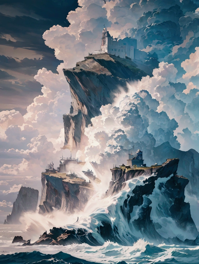 intricate detailed waves, dramatic crashing ocean waves, dramatic stormy seascape, moody cloudy sky, dramatic lighting, cinematic atmosphere, dark ominous mood, turbulent churning ocean, windswept rocks and cliffs, rugged coastal landscape, brooding dramatic scene, heavy rain and mist, deep blue tones, gloomy overcast lighting, painterly realistic style, (best quality,8k,highres,masterpiece:1.2),ultra-detailed,(realistic,photorealistic,photo-realistic:1.37)