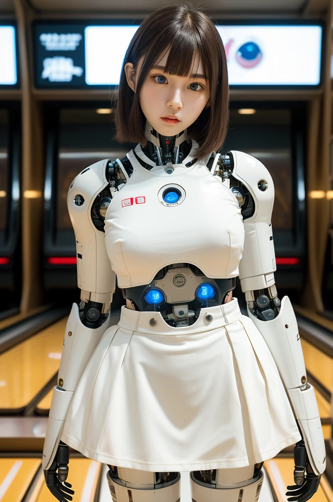 masterpiece, best quality, extremely detailed, Japanese android girl,Plump ,control panels,robot arms,robot,android,cyborg,white robot body,ceramic body,perfect robotgirl,blunt bangs,bowling,bowler,skirt,blue eyes