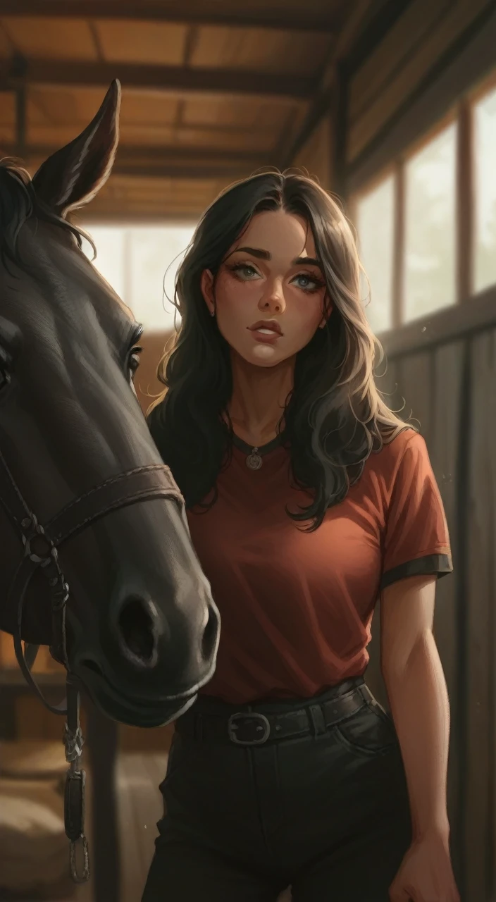 Very sexy woman in a sensual pose without a bra, with a very small thong, intense black hair, in a cabin in the forest accompanied by a black horse hiperrealista