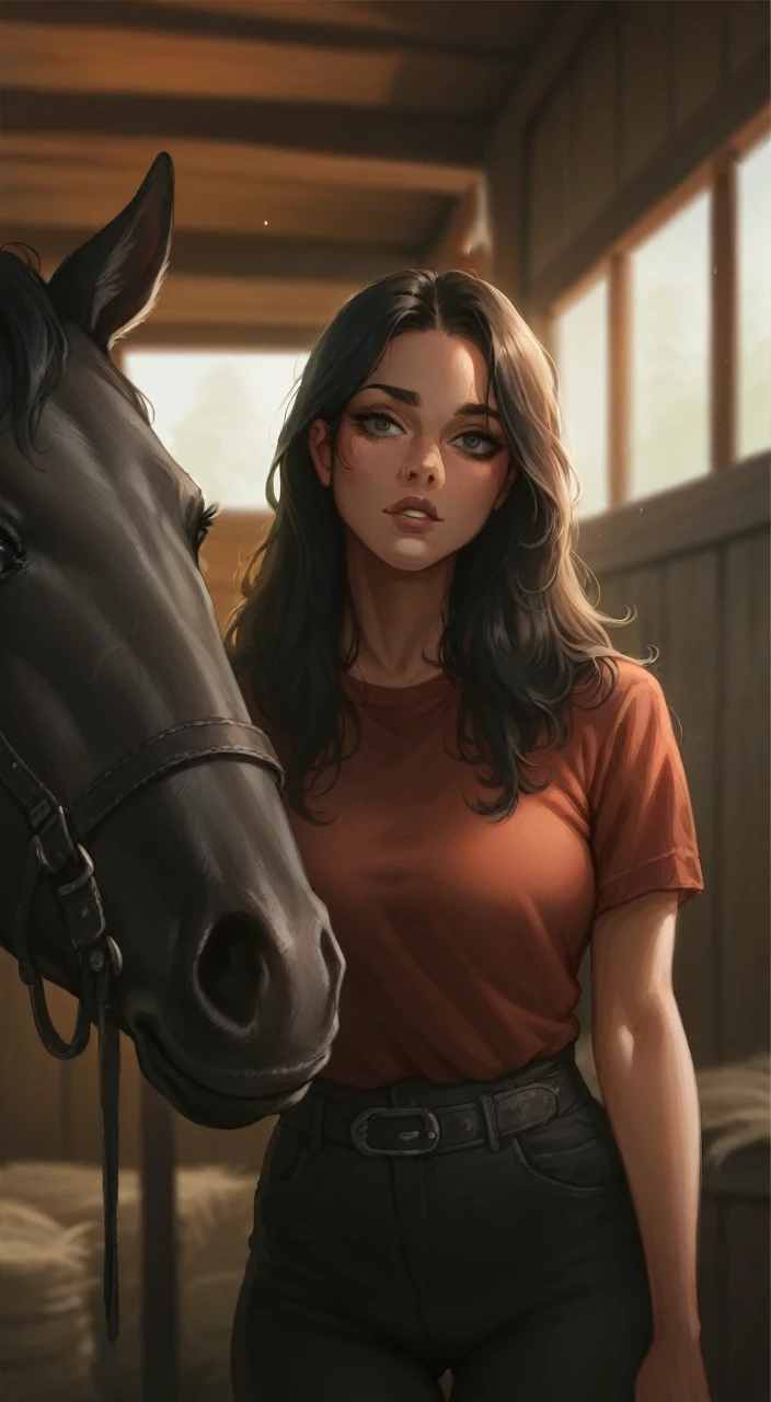 Very sexy woman in a sensual pose without a bra, with a very small thong, intense black hair, in a cabin in the forest accompanied by a black horse hiperrealista 