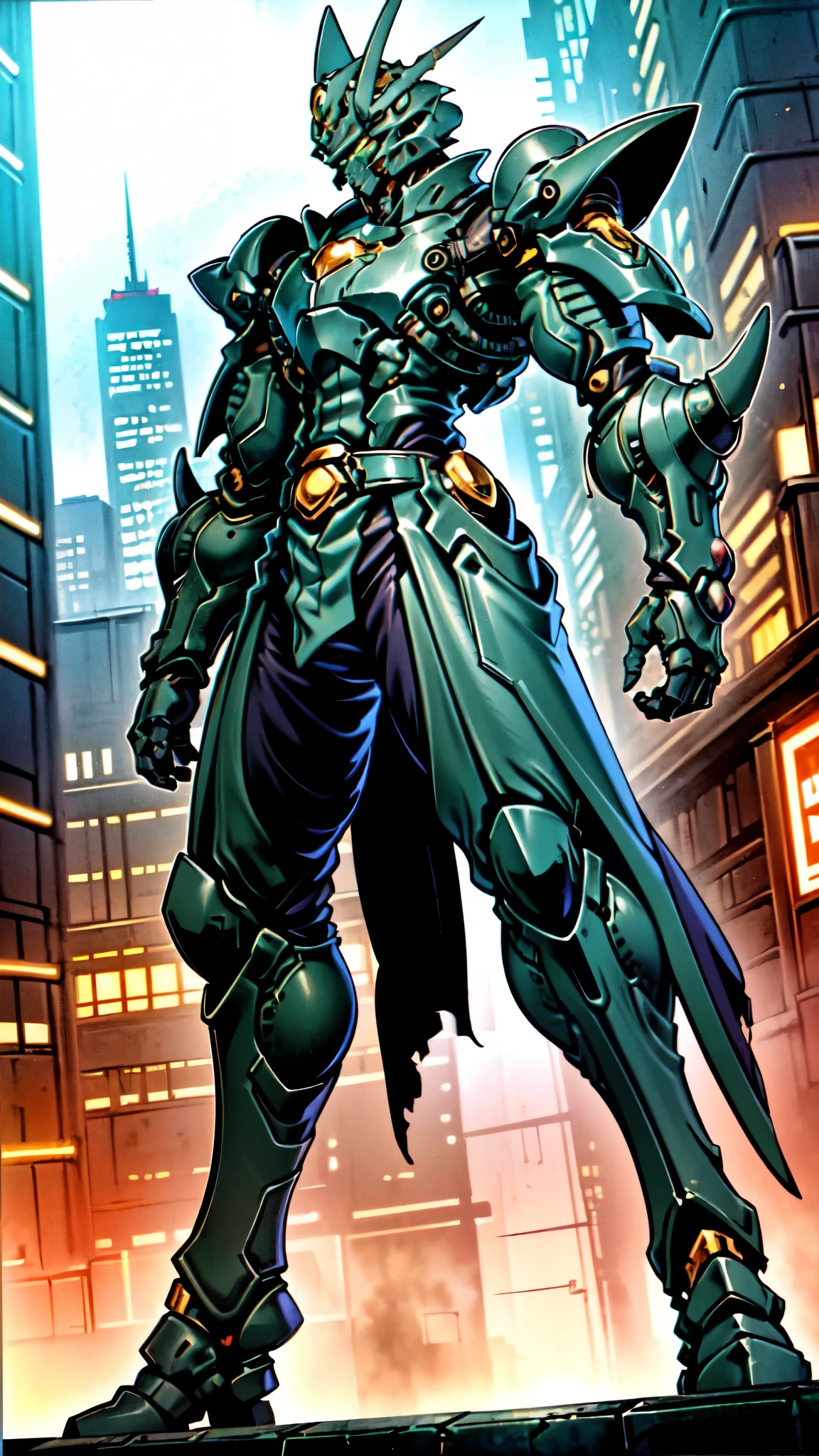 (masterpiece:1.5, best quality:1.5, extremely delicate:1.5, foreshortening:1.5, dynamic angle:1.5), a man wearing a full-face helmet, a fantasy-style biotech armored combat suit, green eyes, (a composite layered chest armor), fully enclosed shoulder guards, matching arm and leg guards, the belt is adorned with neon circuitry, (the color scheme is primarily red glow with green and white accents), the design balances heavy with agility, a high-tech bio-mecha armor, (Armor Concept Inspired by neon Cyberpunk, stand on the top of a skyscraper in a futuristic sci-fi city), this character embodies a finely crafted fantasy-surreal style armored hero in anime style, exquisite and mature manga art style, (element, plasma, energy, the armor glows), ((male:1.5)), metallic, high definition, highres, ultra-detailed, ultra-fine painting, professional, perfect body proportions, golden ratio, anatomically correct, symmetrical face, extremely detailed eyes and face, high quality eyes, creativity, RAW photo, UHD, 32k, Natural light, cinematic lighting, masterpiece-anatomy-perfect