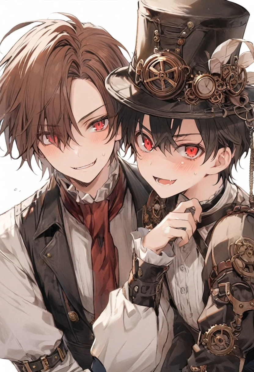steampunk,male,nice,silk hat,short hair,Red eyes、Brown Hair。