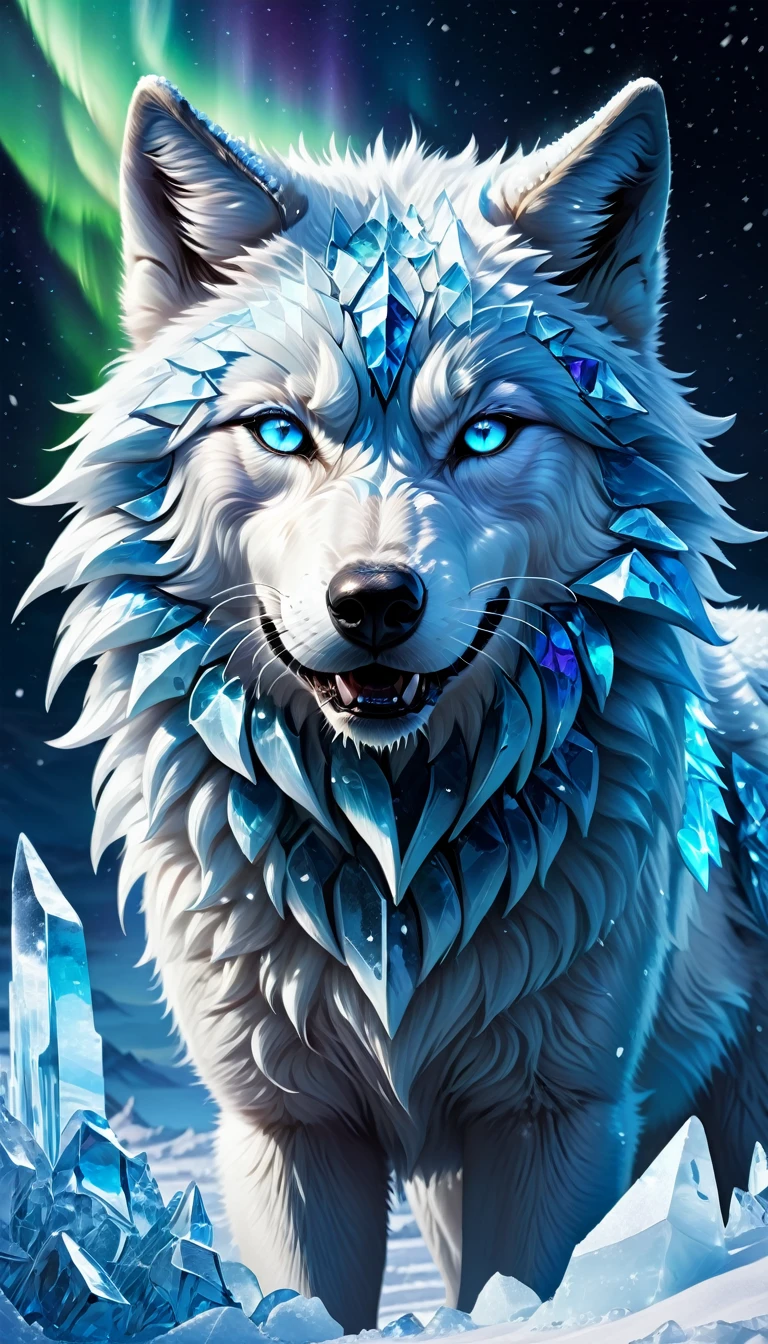a majestic crystalline wolf with piercing blue eyes, formed from shards of ice, sharp ice fangs, blizzard, snowdrift, aurora borealis, mystical, powerful, digital art, highly detailed