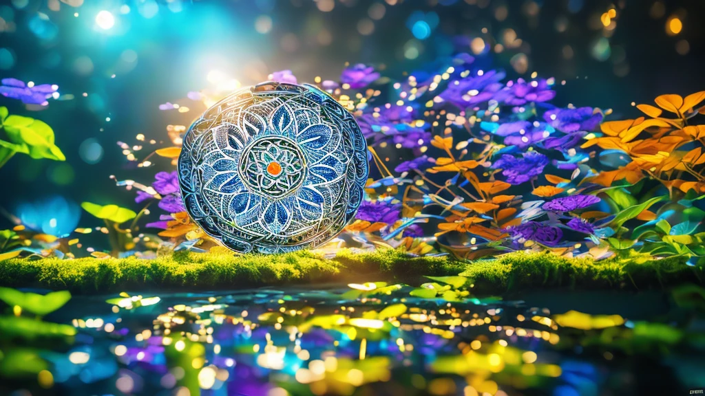 a stunning detailed mandala, beautiful detailed blue and purple and orange elements, intricate nature symbols, vibrant colors, black background, masterpiece, ultra-detailed, realistic, photorealistic, physically-based rendering, extreme detail description, professional, vivid colors