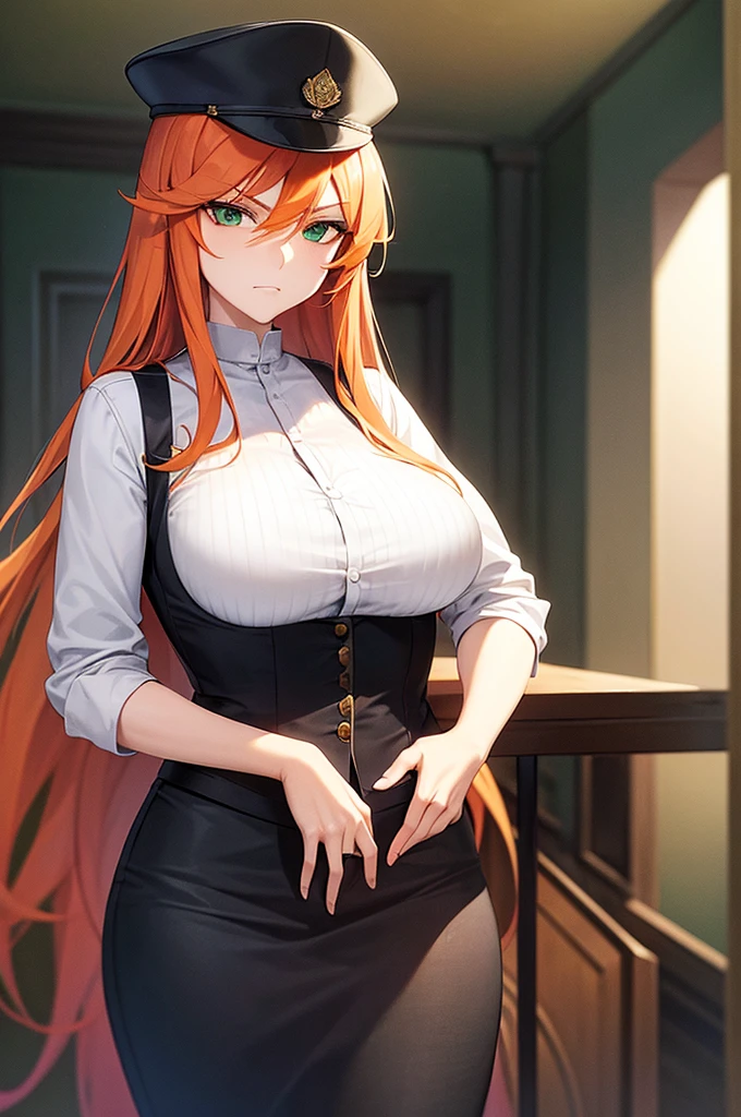 masterpiece, 1 mature woman, long orange hair, Looking at camera, green eyes, frowning, police uniform, ink drawing