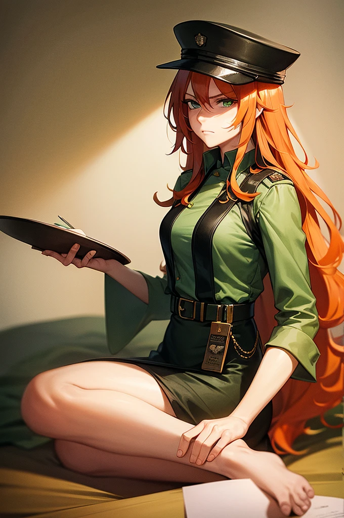 masterpiece, 1 mature woman, long orange hair, Looking at camera, green eyes, frowning, police uniform, ink drawing