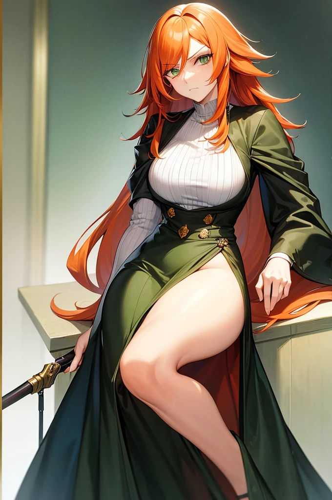 masterpiece, 1 mature woman, long orange hair, Looking at camera, green eyes, frowning, police uniform, ink drawing