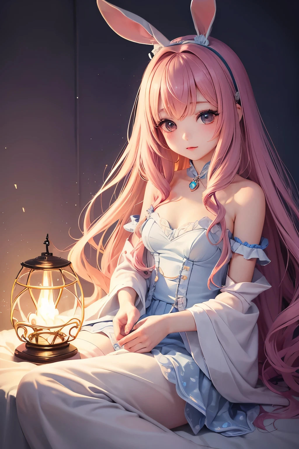 Chibi girl doll and cute rabbit、A dream collaboration、Vibrant and colorful girl、high quality、detailed、Photorealistic、masterpiece、Studio Lighting、8K、Hyperrealistic、非常にdetailed、complicated、Sharp Focus、Real、非常にdetailed、美しいdetailedな目、美しいdetailedな唇、非常にdetailedな目と顔、Long eyelashes、Elegant pose、Serene atmosphere、Fantasy、Magic、Whimsical、Soft pastel colors、Warm lighting、delicate、Ethereal、Imaginative
