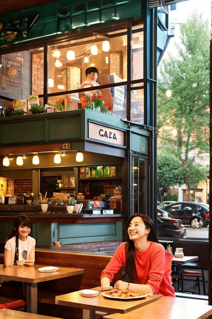 Relaxing scene at cafe。She wears casual clothes and、There is pizza on the table。She smiled.、They seem to be having fun.。