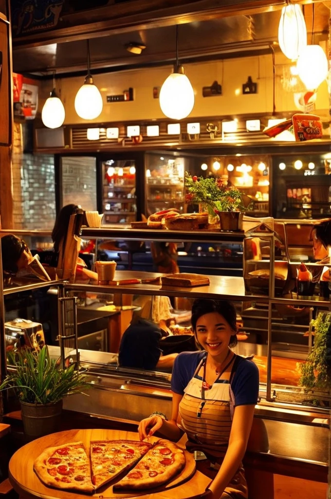 Relaxing scene at cafe。She wears casual clothes and、There is pizza on the table。She smiled.、They seem to be having fun.。