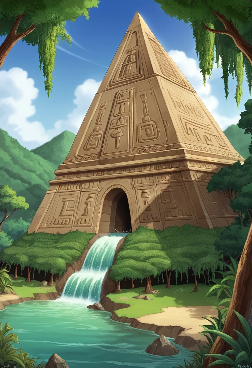 He arrives at a clearing where there stands an ancient pyramid covered in moss and vines. Also, you can see the landscape and the pyramid can be seen a little far away and it should be lively and everything is located in the jungle with many trees and a river.
