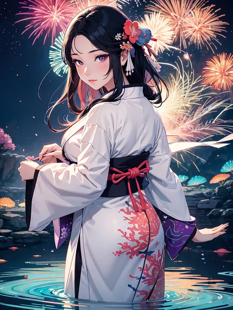 A feminine lady made of glass in a  white informal summer kimono, long black hair and purple eyes, standing by a vibrant rainbow river with fireworks in the night sky, surrounded by detailed and colorful coral reefs, ukiyo-e style illustration