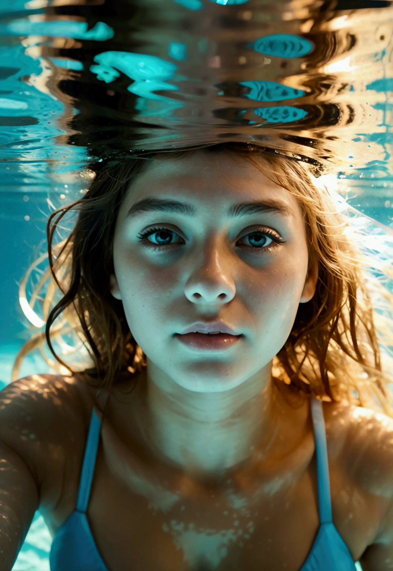 Pretty young 18 year old woman in swimsuit with underwater view