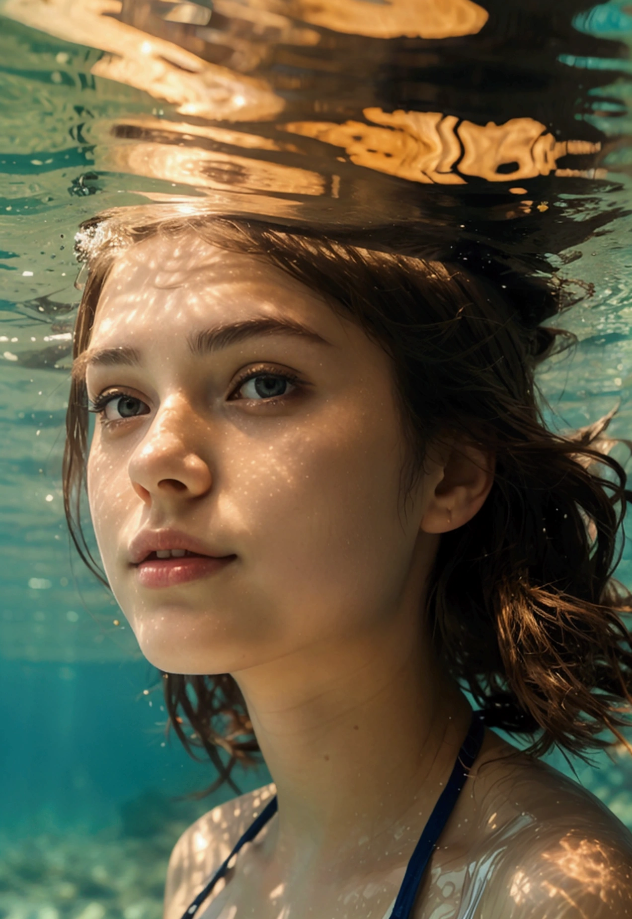 Pretty young 18 year old woman in swimsuit with underwater view