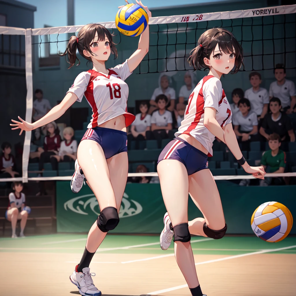 (masterpiece, best quality: 1.2), pretty girl, 18 yo,short hair,(medium breasts), slender, detailed eyes, beautiful legs, slim-legs,shiny skin, blush,panicked look,blush,(detailed wearing volleyball uniform),(detailed bottom full-buruma), (volleyball court),(playing volleyball:1.2),sneakers,
