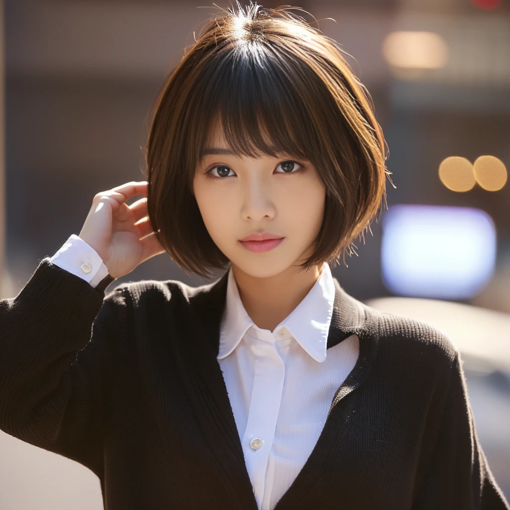 ((Highest quality、In 8K、masterpiece:1.3))、Sharp focus:1.2、Beautiful woman perfect body:1.4、Slim Abs:1.2、((Short Hair:1.2))、(trendy fashion in tokyo、shirt:1.1)、Dim background、Wet body:1.5、Three-dimensional texture、Detailed eyes、（Brown Hair、Black Hair:1.2)、Very shiny hair、Backward view、Hair quality improvement、Handsome short、Short-haired blonde。