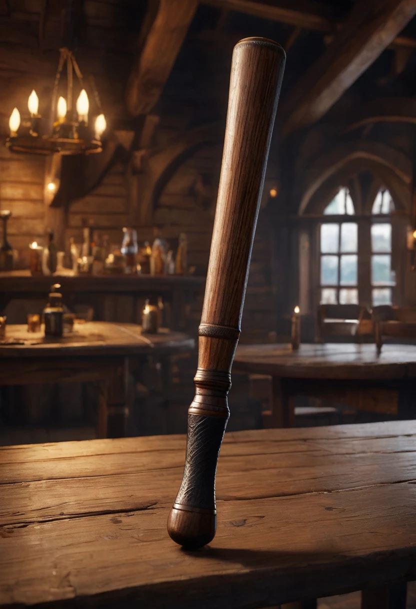 rustic bat, showing the imperfections of the wood, similar to a baseball bat, on a table, inside a tavern, medieval setting, realistic, 8k, cinematic, rests, thin base wide tip
