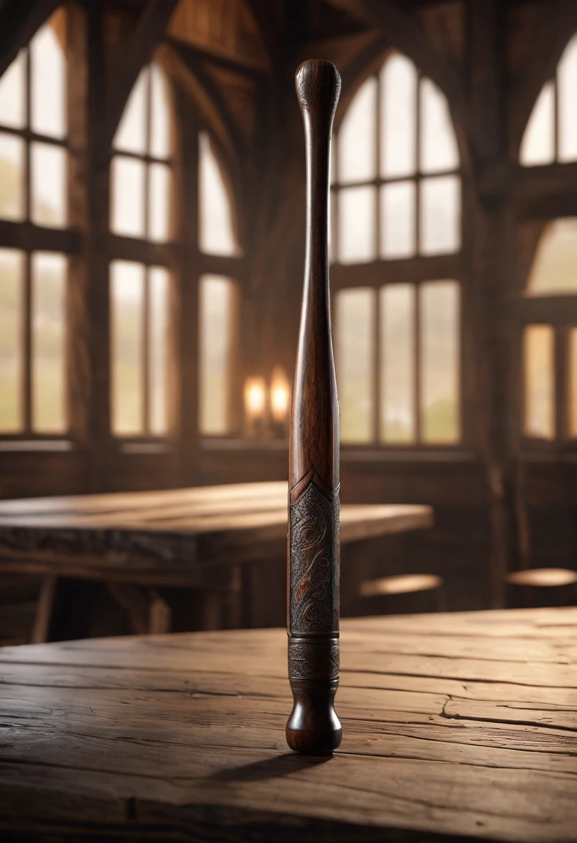 rustic bat, showing the imperfections of the wood, similar to a baseball bat, on a table, inside a tavern, medieval setting, realistic, 8k, cinematic, rests, thin base wide tip