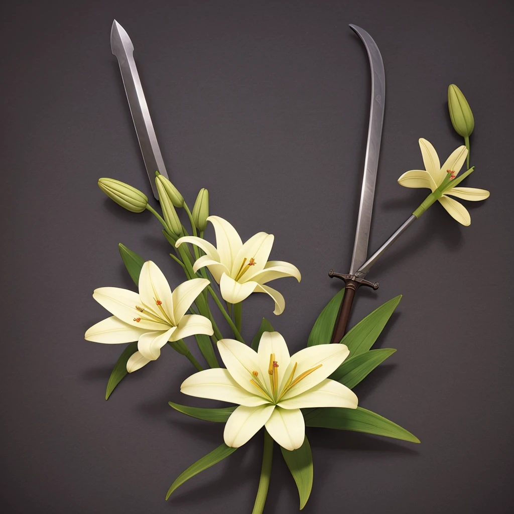 Medieval sword and lily flower in simple logo type design