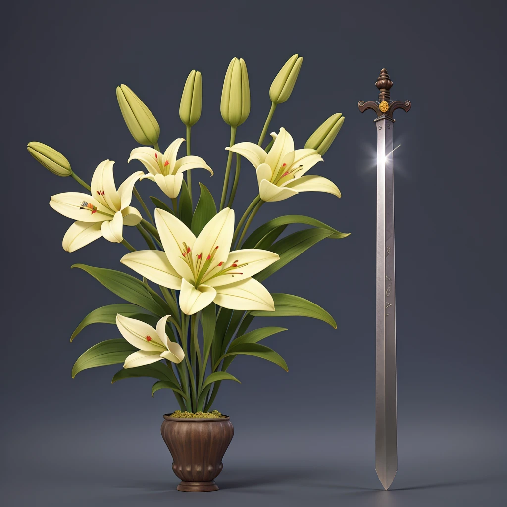 Medieval sword and lily flower in simple logo type design