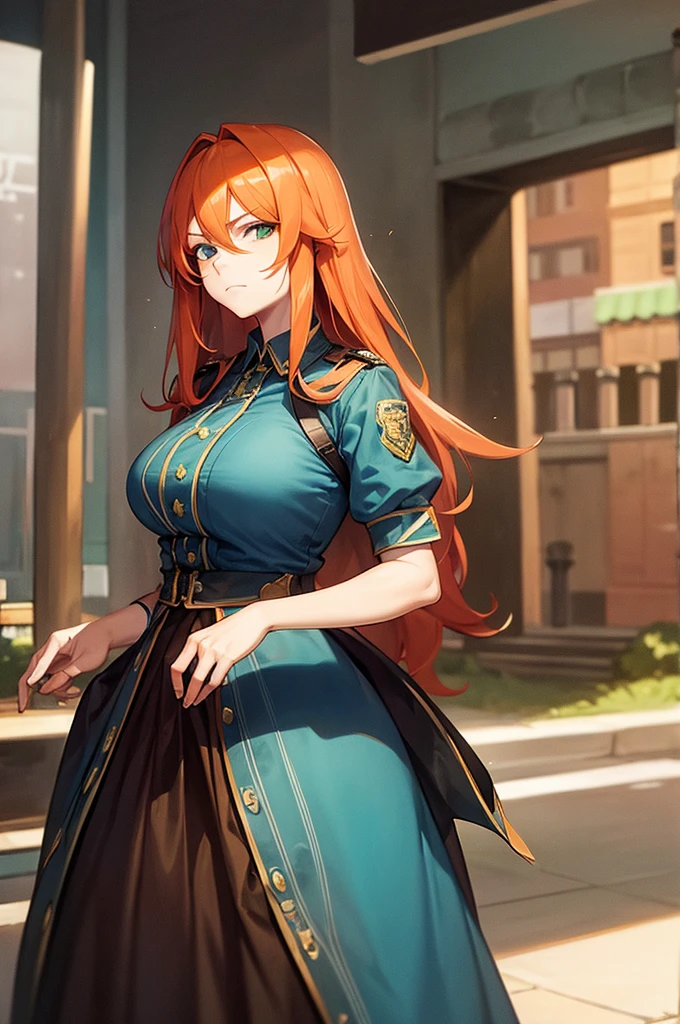 masterpiece, 1 mature woman, long orange hair, Looking at camera, green eyes, frowning, blue police uniform, outside background, traffic stop, ink drawing