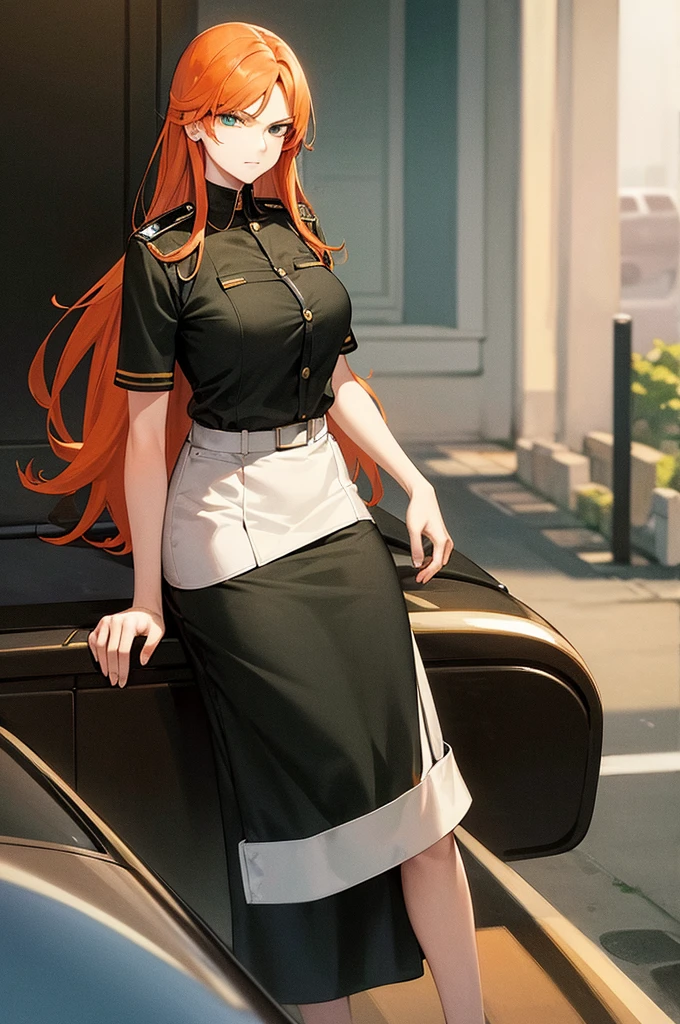 masterpiece, 1 mature woman, long orange hair, Looking at camera, green eyes, frowning, blue police uniform, outside background, traffic stop, ink drawing