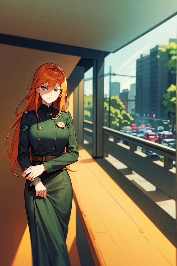 masterpiece, 1 mature woman, long orange hair, Looking at camera, green eyes, frowning, blue police uniform, outside background, traffic stop, ink drawing