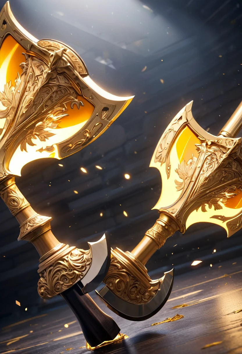 masterpiece, 8k, best quality, highly detailed, a 2 handed double headed axe made of gold glowing with holy radiance