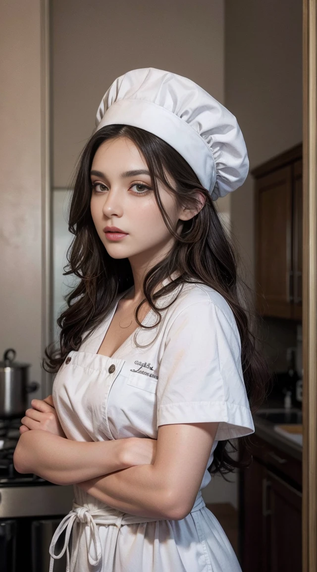 Fille marocaine, brune, (Robe couverte respectueuse), (black curly hair with blonde ends), chef-d'artwork, best quality, Very detailed, (Gorgeous, detailed eyes Gorgeous, detailed face, matte skin and luscious, detailed lips), (best quality), (Ultra-detailed), (chef-d'artwork), (High resolution), (original), Ultra-realistic., 3D rendering table full of delicious food, femme en robe noir