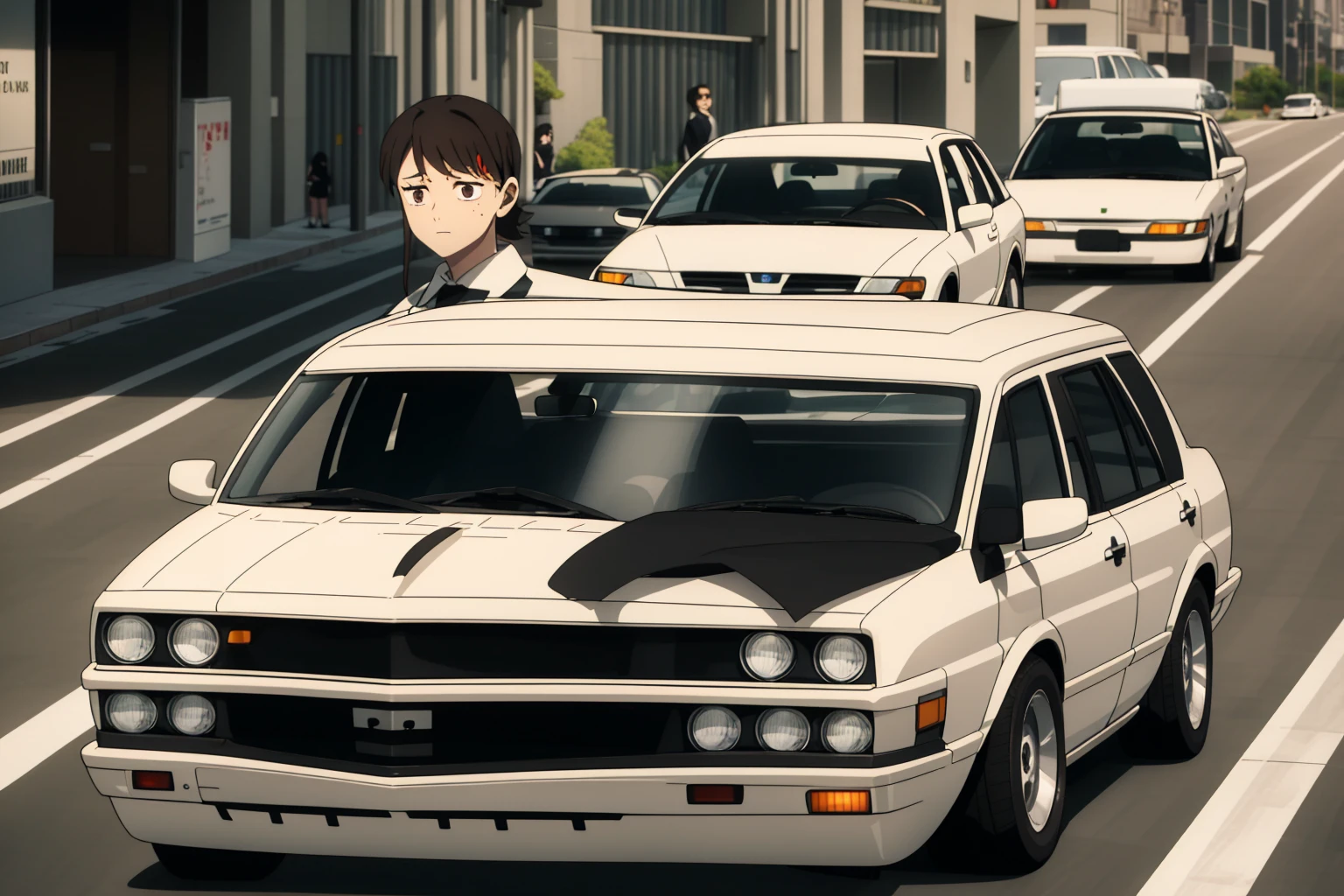 absurdres, highres, ultra detailed, power_crashes_kobeni's_car_(meme), (power:1.1), kobeni, white collared shirt, necktie, steering wheel, car, front view, looking at viewer, (scared:1.1), city, street