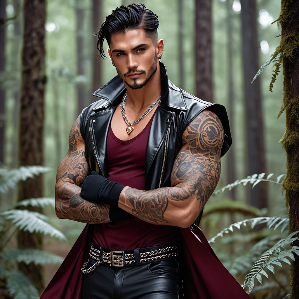 A Handsome Man, with Broad-shouldered, rugged muscular build, Unkempt Jet Black hair, lightly tanned skin tone, and Onyx black eyes. He have tattoos all over his body, and silver chain necklace adorned his neck. He is clad in black leather trench coat over half-buttoned burgundy red dress shirt, black dress vest, black fingerless gloves, black trousers, and black leather boots. He have gold bands on his upper arms, and wrists. With a cool smirk, he is standing in an alien-like forest, crossing his arms around his chest.