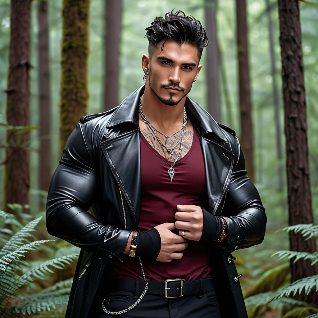 A Handsome Man, with Broad-shouldered, rugged muscular build, Unkempt Jet Black hair, lightly tanned skin tone, and Onyx black eyes. He have tattoos all over his body, and silver chain necklace adorned his neck. He is clad in black leather trench coat over half-buttoned burgundy red dress shirt, black dress vest, black fingerless gloves, black trousers, and black leather boots. He have gold bands on his upper arms, and wrists. With a cool smirk, he is standing in an alien-like forest, crossing his arms around his chest.