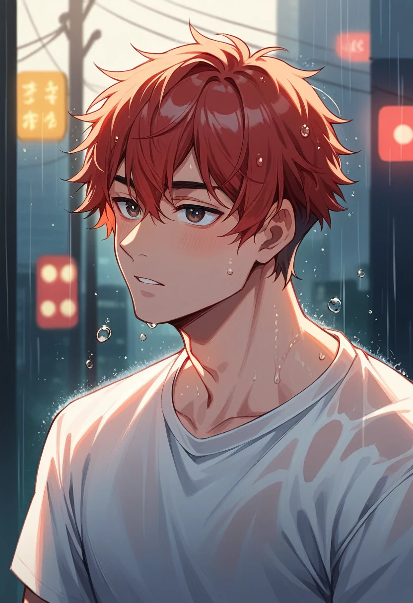 A boy with red hair standing in the rain, water droplets sliding down his face, melancholic atmosphere, city lights reflecting in puddles, detailed and realistic illustration, emphasizing facial expression and texture of wet hair, anime/cartoon style with high detail, vibrant colors, and dynamic lighting.