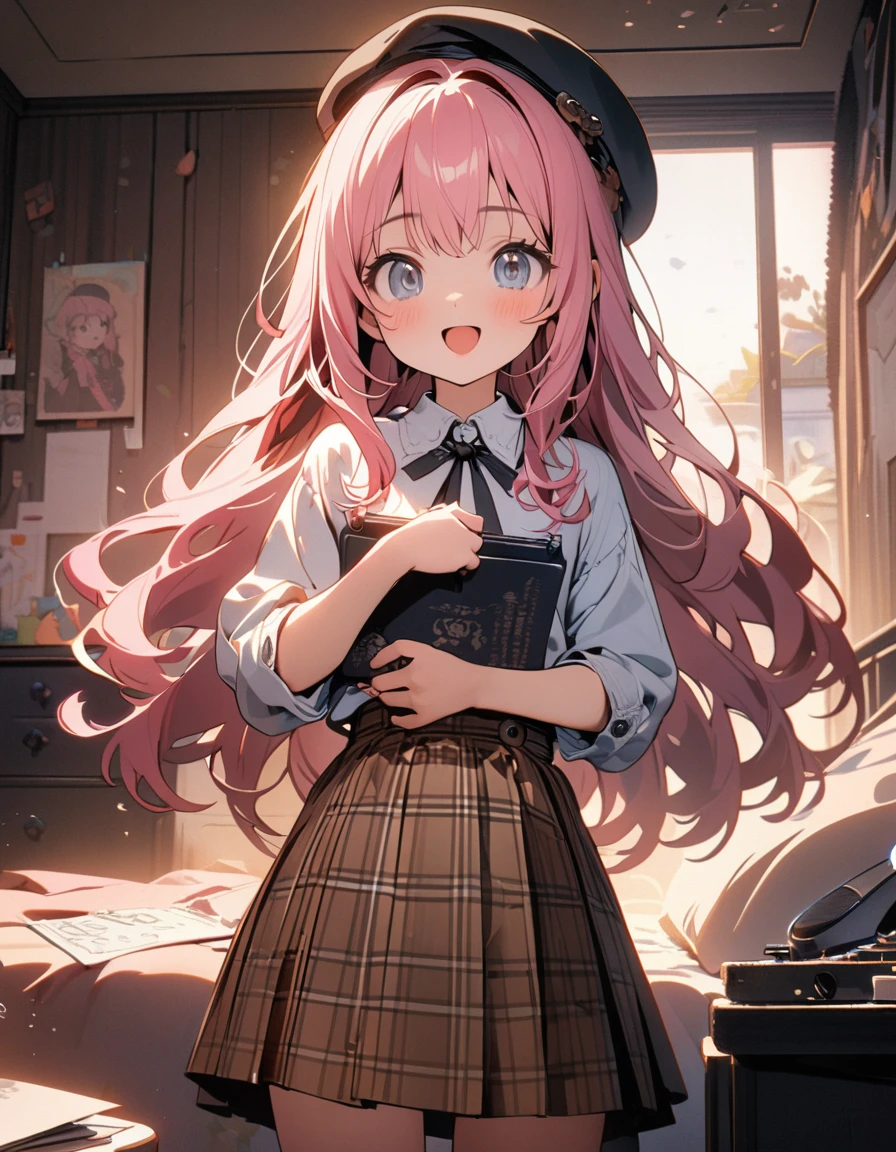 (8K, best quality, master piece: 1.2),super high resolution,1 girl,17yo,solo,ultra-detailed face,deep detailed eyes,pink hair,long hair,Beret,halter top,Brown skirt in plaid skirt,The girl is holding the receiver of a 1900s telephone in one hand and doodling on a illustrations of Notepad,the Notepad has illustrations of three cats in different positions,smile,open mouth,rim light,messy children's room