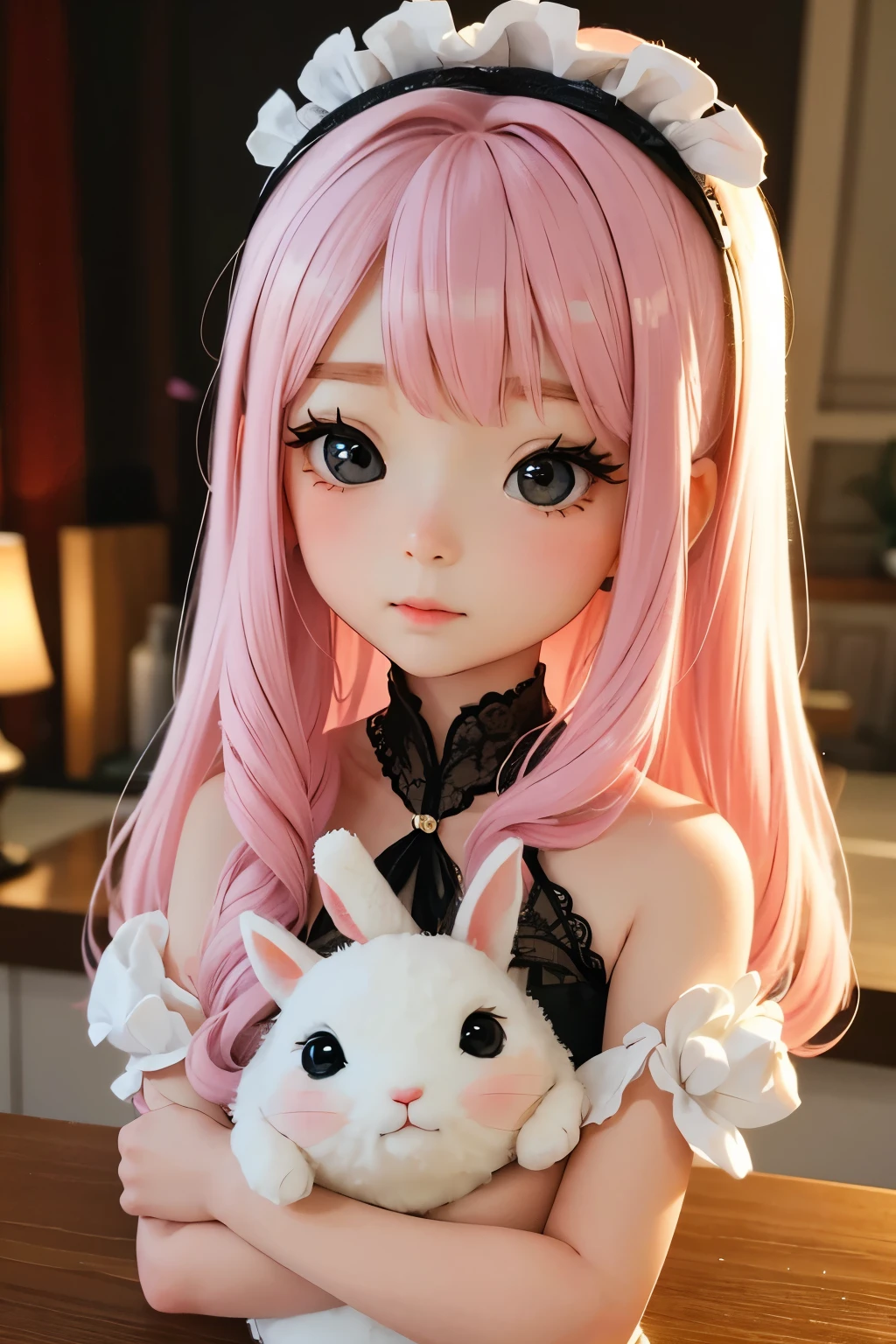 Chibi girl doll and cute rabbit、A dream collaboration、Vibrant and colorful girl、high quality、detailed、Photorealistic、masterpiece、Studio Lighting、8K、Hyperrealistic、非常にdetailed、complicated、Sharp Focus、Real、非常にdetailed、美しいdetailedな目、美しいdetailedな唇、非常にdetailedな目と顔、Long eyelashes、Elegant pose、Serene atmosphere、Fantasy、Magic、Whimsical、Soft pastel colors、Warm lighting、delicate、Ethereal、Imaginative