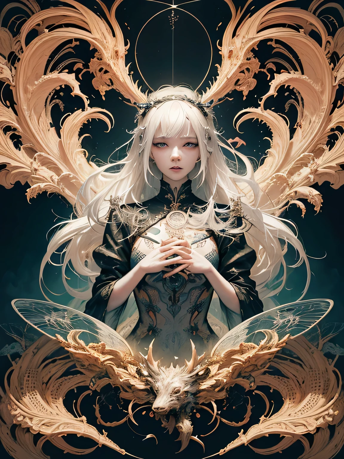 official art, unity 8k wallpaper, ultra detailed, beautiful and aesthetic, masterpiece, best quality, (zentangle, mandala, tangle, entangle), (fractal art:1.3) , 1girl, extremely detailed, dynamic angle, cowboyshot, the most beautiful form of chaos, elegant, a brutalist designed, vivid colours, romanticism, by james jean, roby dwi antono, ross tran, francis bacon, michal mraz, adrian ghenie, petra cortright, gerhard richter, takato yamamoto, ashley wood, atmospheric, ecstasy of musical notes, streaming musical notes visible