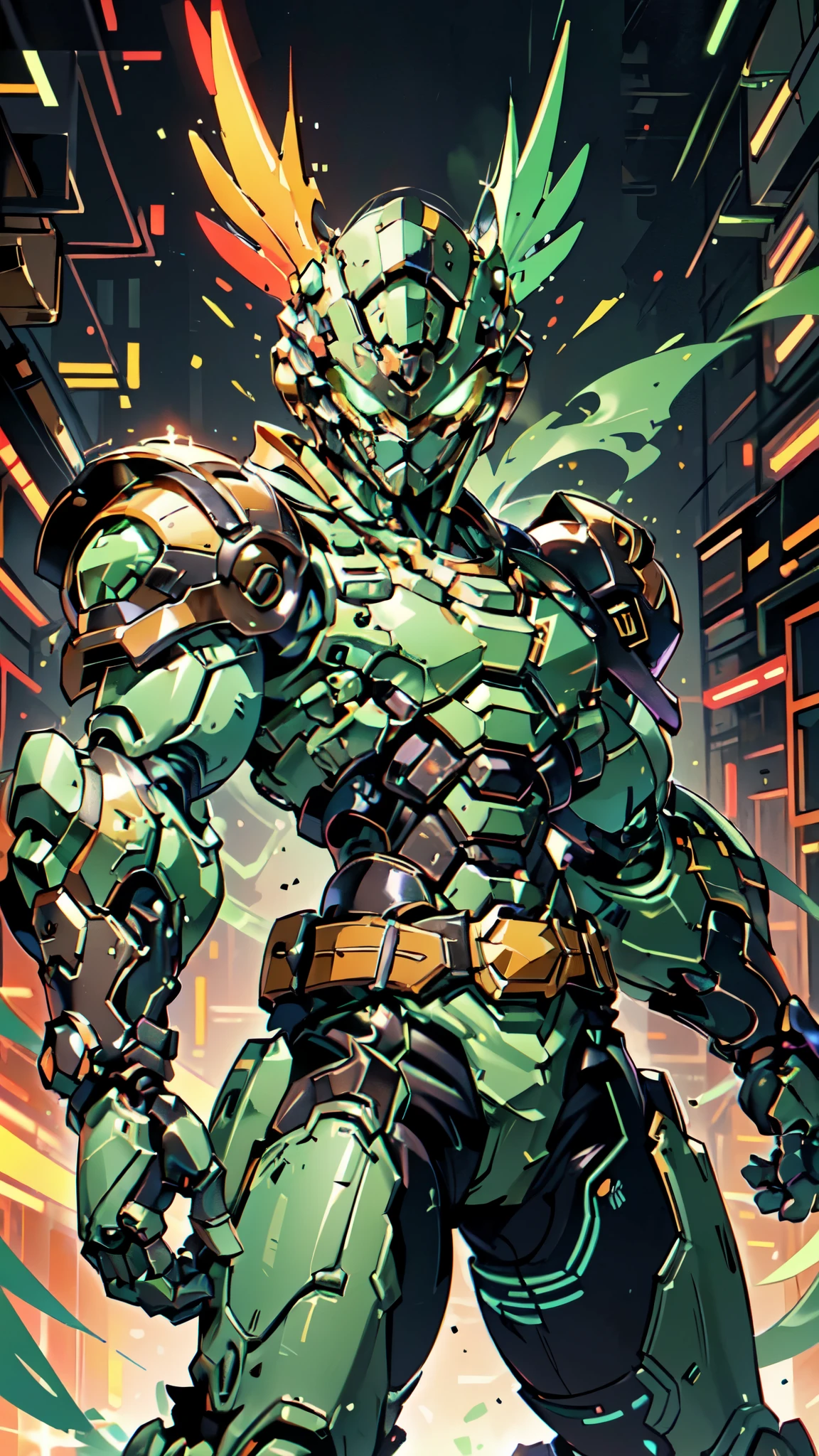 (masterpiece:1.5, best quality:1.5, extremely delicate:1.5, foreshortening:1.5, dynamic angle:1.5), a man wearing a full-face helmet, a fantasy-style biotech armored combat suit, green eyes, (a composite layered chest armor), fully enclosed shoulder guards, matching arm and leg guards, the belt is adorned with neon circuitry, (the color scheme is primarily red glow with white and green accents), the design balances heavy with agility, a high-tech bio-mecha armor, (Armor Concept Inspired by neon Cyberpunk, stand on the top of a skyscraper in a futuristic sci-fi city), this character embodies a finely crafted fantasy-surreal style armored hero in anime style, exquisite and mature manga art style, (element, plasma, energy, the armor glows), ((male:1.5)), metallic, high definition, highres, ultra-detailed, ultra-fine painting, professional, perfect body proportions, golden ratio, anatomically correct, symmetrical face, extremely detailed eyes and face, high quality eyes, creativity, RAW photo, UHD, 32k, Natural light, cinematic lighting, masterpiece-anatomy-perfect