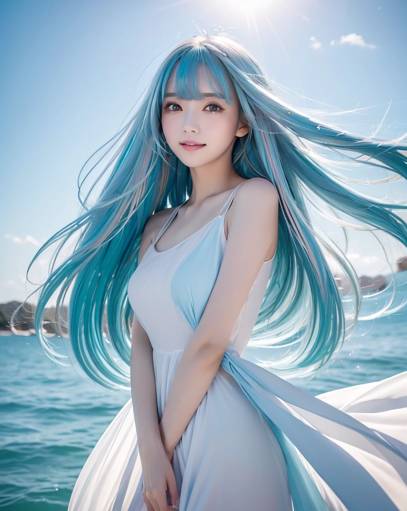 (Highest quality, 32k, High resolution, Masterpiece:1.5), marimo_jet, god々A photograph with brilliant dazzling and healing power., Evoking a sense of calm and elusive beauty, Expressing emotions, Have a rich imagination, Beautiful Japanese Girls, An exceptionally beautiful face, Small Face Beauty, Perfect Human Anatomy, Magical big eyes, Motherhood and generosity, Deep Love, fleeting smile, ((Shiny light blue hair:1.3)), ((Beautiful long hair swaying in the wind)), Asymmetrical bangs, Hair between the eyes, Transparent, soft white skin, Sharp eyebrows, Thin lashes, Natural Makeup, Cheek highlighter, Pale pink detailed lips, (White dress:1.4), High resolutionの美しい太もも, Beautiful legs, ((Detailed blue sky background:1.3)), Professional photographer, Professional Lighting, Professional models, god秘的