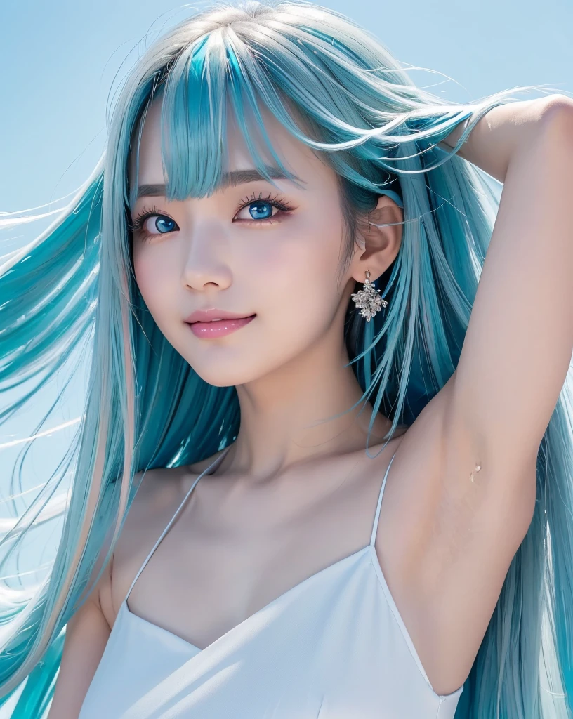 (Highest quality, 32k, High resolution, Masterpiece:1.5), marimo_jet, god々A photograph with brilliant dazzling and healing power., Evoking a sense of calm and elusive beauty, Expressing emotions, Have a rich imagination, Beautiful Japanese Girls, An exceptionally beautiful face, Small Face Beauty, Perfect Human Anatomy, Magical big eyes, Motherhood and generosity, Deep Love, fleeting smile, ((Shiny light blue hair:1.3)), ((Beautiful long hair swaying in the wind)), Asymmetrical bangs, Hair between the eyes, Transparent, soft white skin, Sharp eyebrows, Thin lashes, Natural Makeup, Cheek highlighter, Pale pink detailed lips, (White dress:1.4), High resolutionの美しい太もも, Beautiful legs, ((Detailed blue sky background:1.3)), Professional photographer, Professional Lighting, Professional models, god秘的