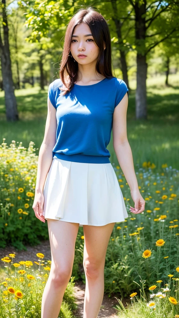 young woman:
young, beautiful, with pleasant facial features.
Dressed in a short skirt, which highlights her legs.
Her clothes and appearance can be elegant, sporty or casual - depending on your idea.
Her gaze may be directed somewhere into the distance, or she can look directly at the viewer, creating a sense of mystery.
A meadow:
Bright, Sunny glade, covered with many flowers.
Colors can be bright and contrasting, For example, blue, yellow, red.
You can add a variety of colors, For example, Wild Flowers, daisies, troubles.
atmosphere:
The combination of a bright and sunny meadow atmosphere with mystery.
The sky may be clear and blue, but with nebula, creating a sense of depth and mystery.
Lighting can be warm and soft, creating the effect of a sunny day.
Additional details:
young woman может быть окружена бабочками, birds, or other elements, which will emphasize the beauty and charm of the meadow.
You can add fantasy elements:
Flying flowers Sparkling dew drops Mythical creatures