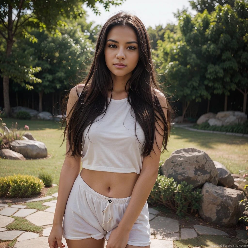 A photorealistic of a 21-year-old mexican girl sexy with long, flowing dark hair and striking dark eyes. She should have a natural, approachable expression and be illuminated by soft, The background should be a scenic outdoor setting, home. Capture this image with a high-resolution photograph using an 85mm lens for a flattering perspective.