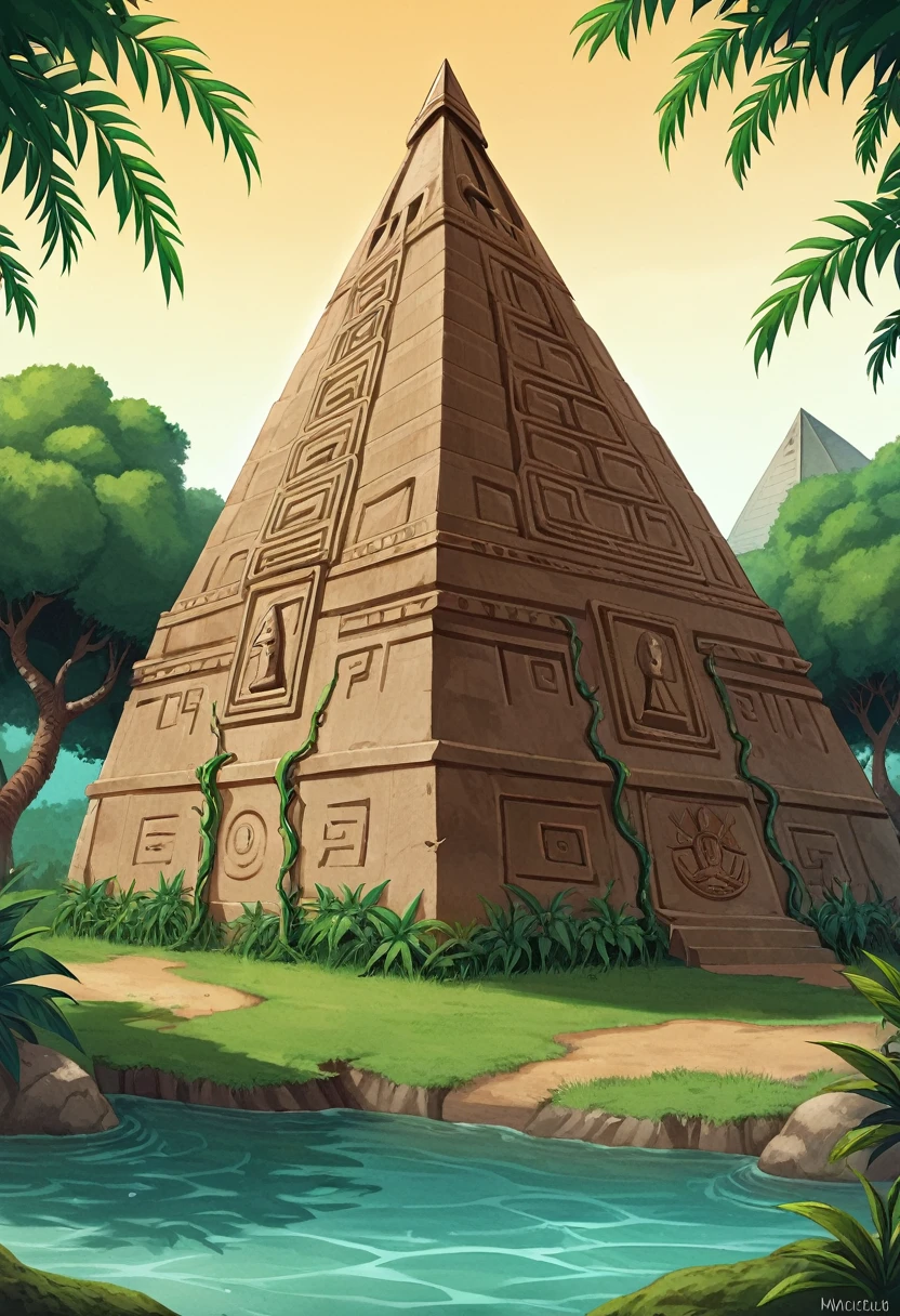 He arrives at a clearing where an ancient pyramid stands, covered with a lot of moss and vines. Also, you can see the landscape and the pyramid can be seen a little far away and it should be lively and everything is located in the jungle with many trees and a river.
