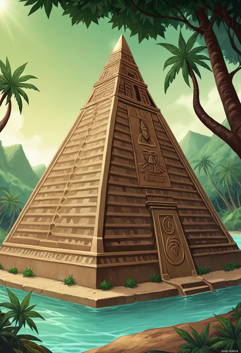 He arrives at a clearing where an ancient pyramid stands, covered with a lot of moss and vines. Also, you can see the landscape and the pyramid can be seen a little far away and it should be lively and everything is located in the jungle with many trees and a river.