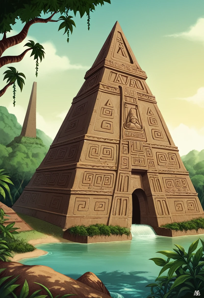 He arrives at a clearing where an ancient pyramid stands, covered with a lot of moss and vines. Also, you can see the landscape and the pyramid can be seen a little far away and it should be lively and everything is located in the jungle with many trees and a river.