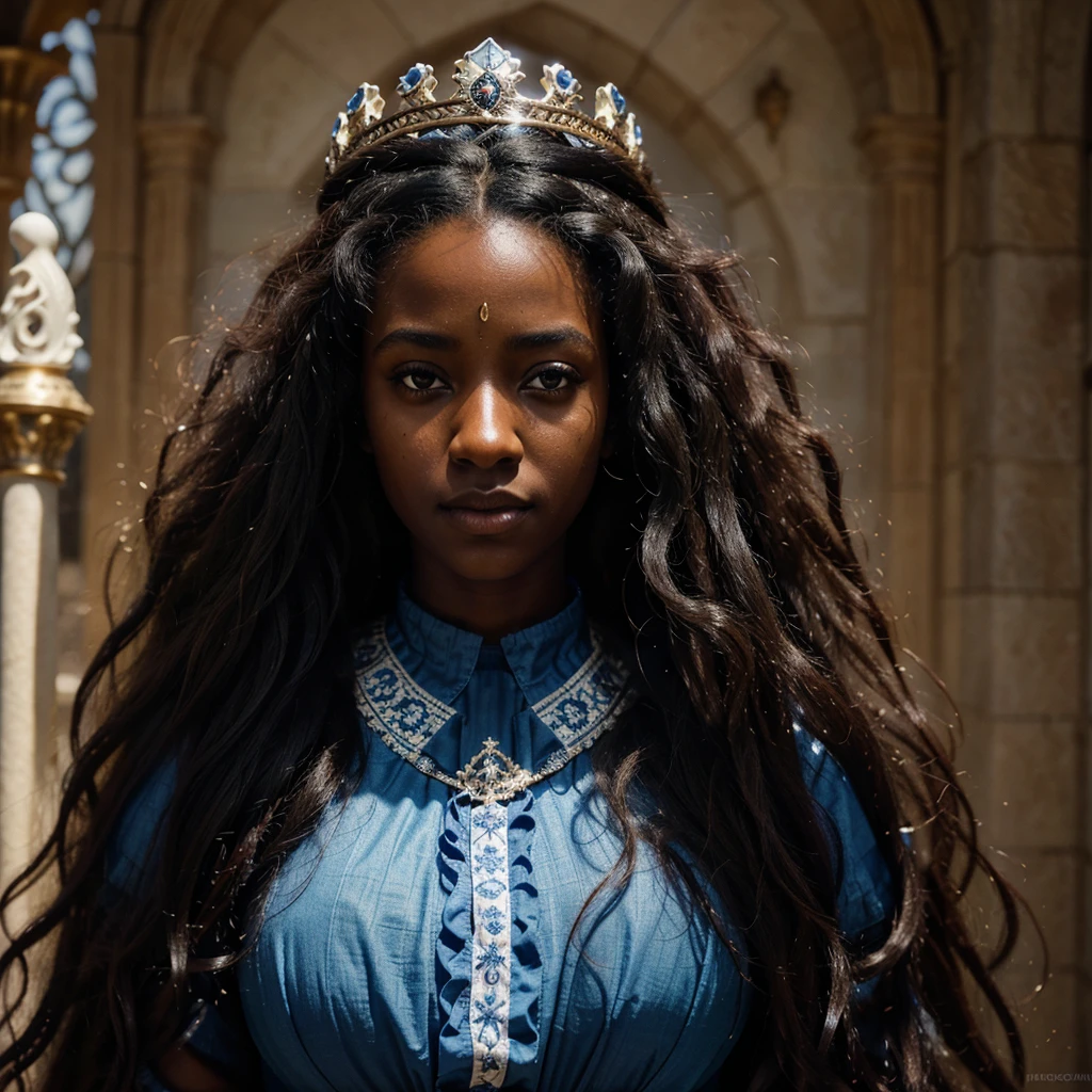 1girl, dark skinned girl, long curly hair, afro hair, long hair, wearing blue and white dress, black eyes, medieval crown, medieval, detailed portrait, high quality, 8k, photorealistic, hyper detailed, dramatic lighting, cinematic, vibrant colors, fantasy, intricate details, ornate, elegant, regal, serene expression