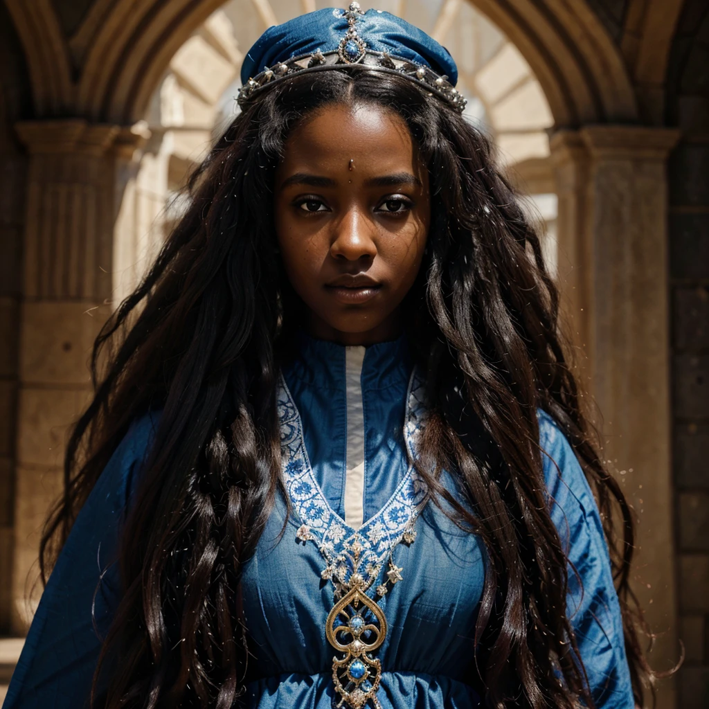 1girl, dark skinned girl, long curly hair, afro hair, long hair, wearing blue and white dress, black eyes, medieval crown, medieval, detailed portrait, high quality, 8k, photorealistic, hyper detailed, dramatic lighting, cinematic, vibrant colors, fantasy, intricate details, ornate, elegant, regal, serene expression