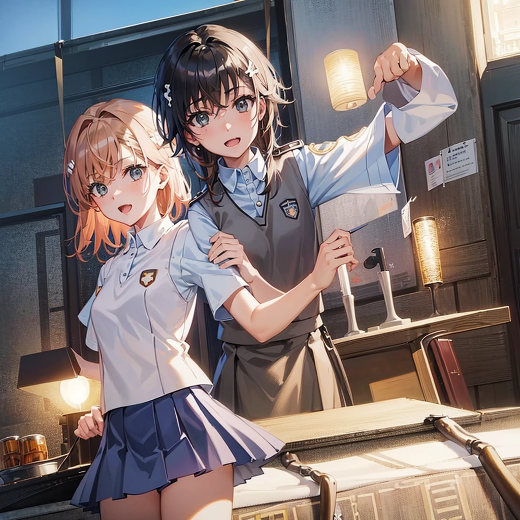 Misaka_mikoto, 1 persons, solo,
(illustratio:1.1)、(Top image quality)、(masterpiece:1.1)、(beautiful and clear background:1.25)、(the Extremely detailed CG Unity 8K Wallpapers:1.1)、(colourfull:0.9)、(depth of fields:0.75)、(Ink splashing:0.95)、(color splashes:0.85)、(watercolor paiting:0.65)、
(cowboy shot:1.4)、(Uniforms:1.4)、:d、耳Nipple Ring、up looking_in_viewer、outside of house、Sunnyday、detailed blue sky、((grey miniskirt))、(White shirt with short sleeves)、Light Brown Sleeveless Cardigan、